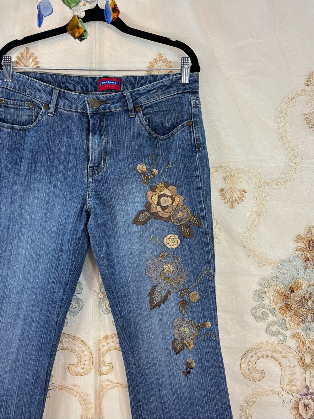 Westport Blue Jeans with Brown & Gold Floral Embroidery